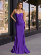 Sevoba | Cute Mermaid Scoop Neck Satin Long Prom Dress