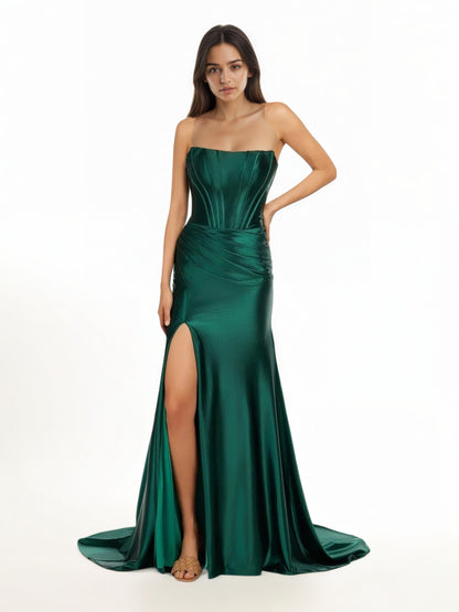 Sevoba|Dark Green Strapless Sheath Satin Long Prom Dress With Split