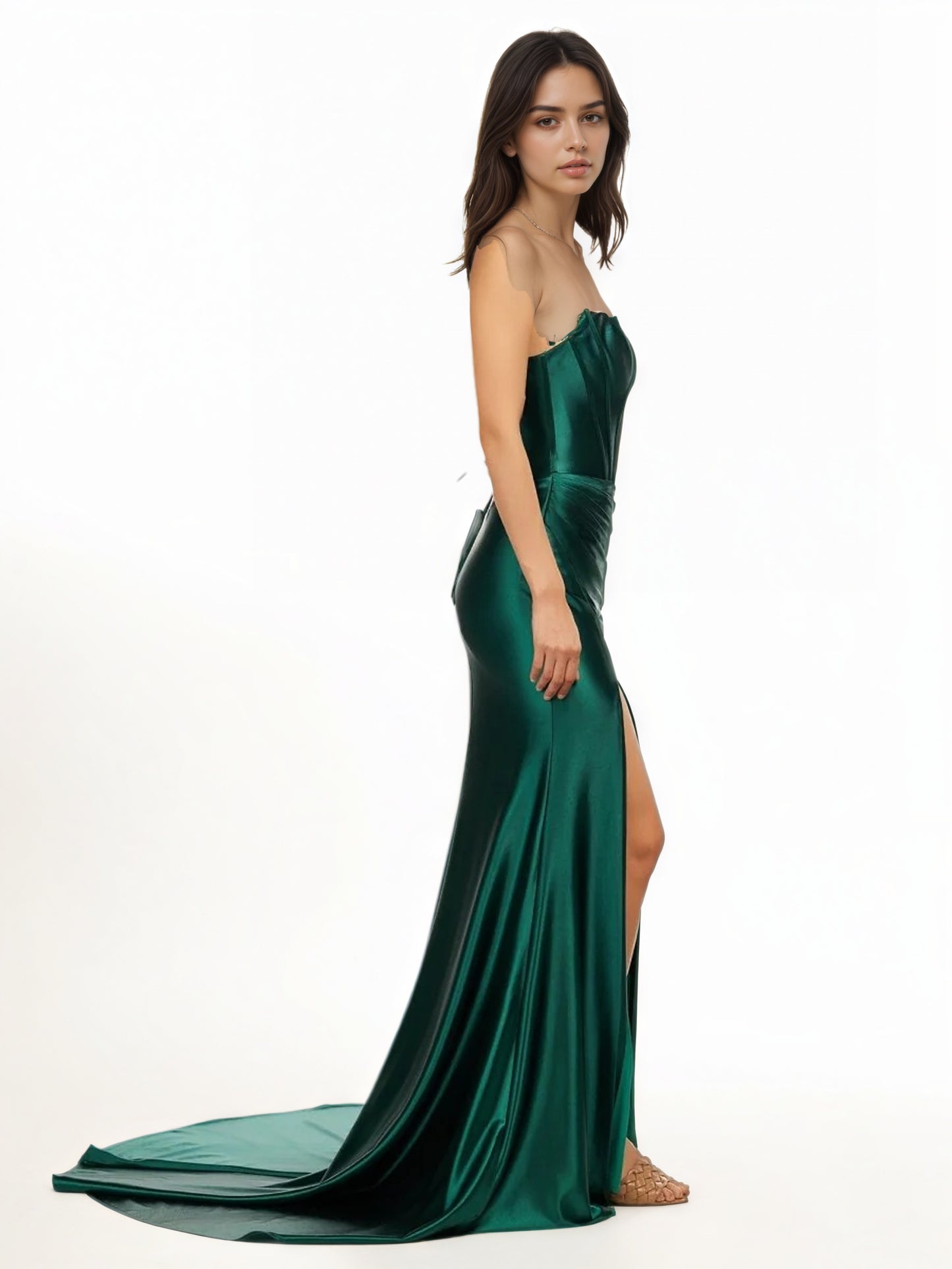 Sevoba|Dark Green Strapless Sheath Satin Long Prom Dress With Split