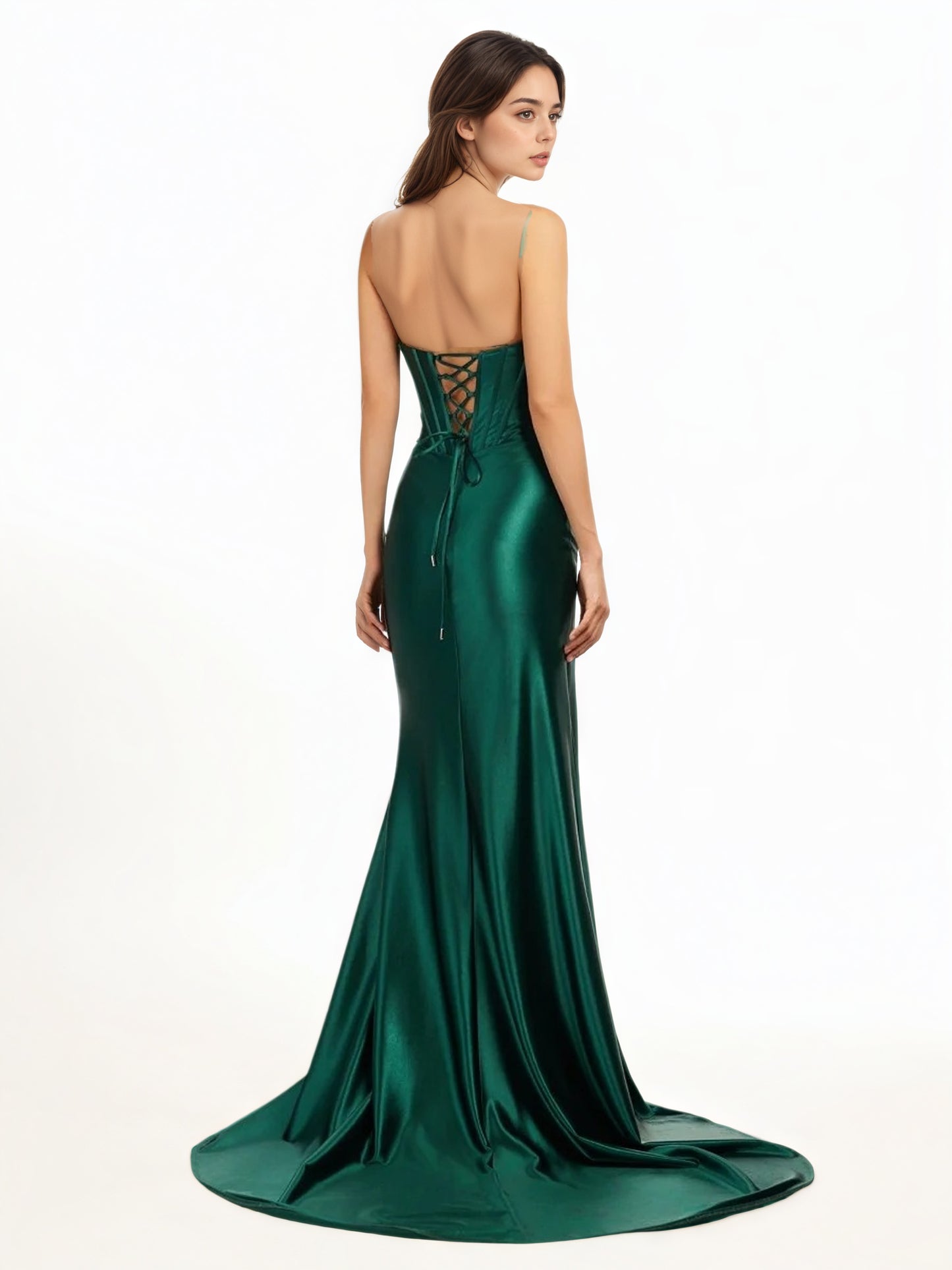 Sevoba|Dark Green Strapless Sheath Satin Long Prom Dress With Split