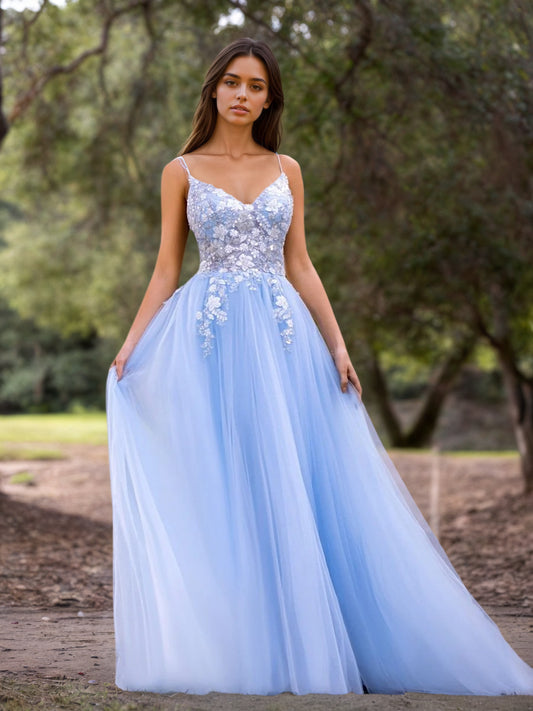 Deep V-Neck Applique Lace Floor Length Tulle Prom Dress