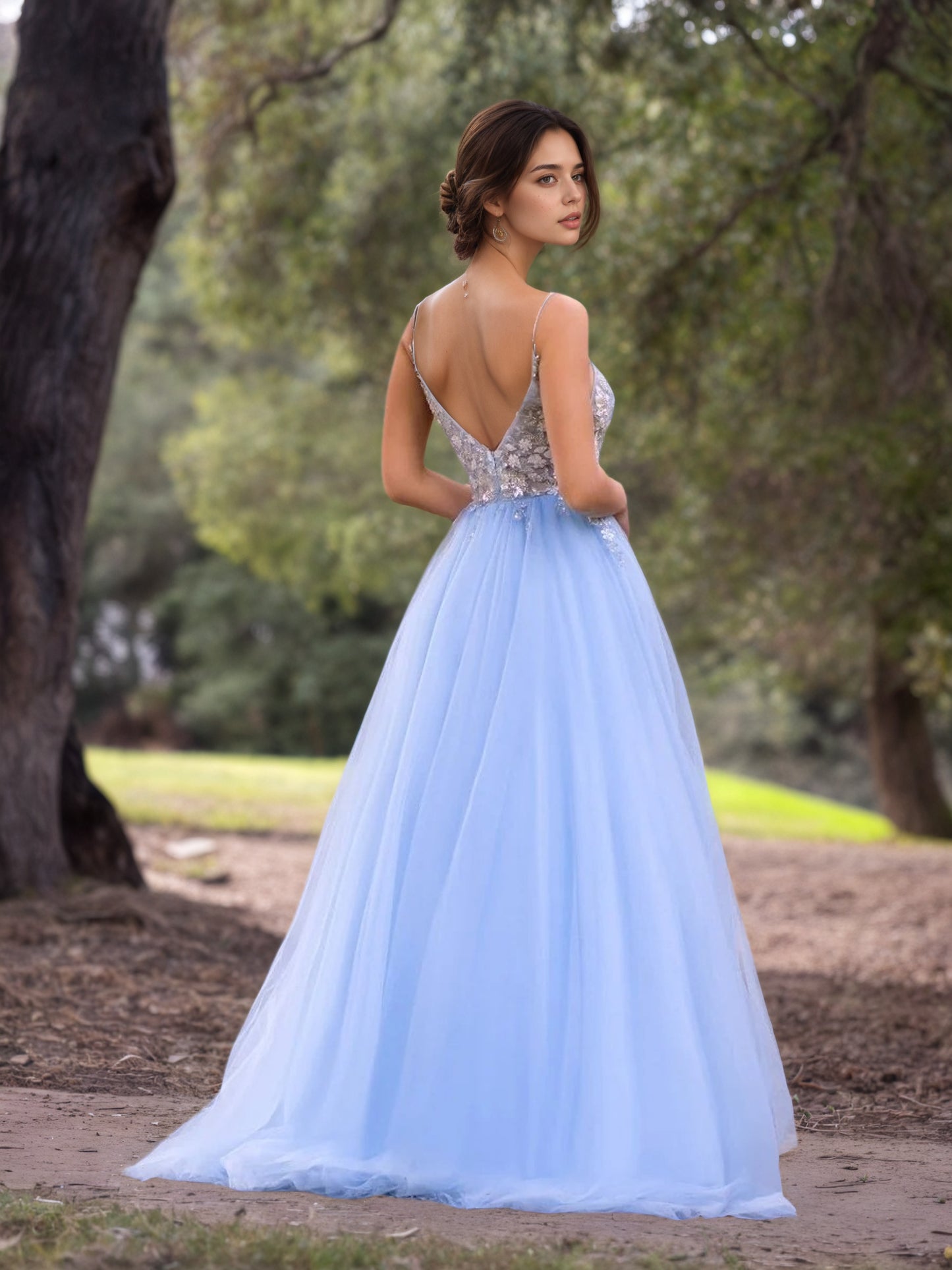 Sevoba|Deep V-Neck Applique Lace Floor Length Tulle Prom Dress
