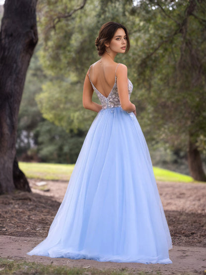 Sevoba|Deep V-Neck Applique Lace Floor Length Tulle Prom Dress