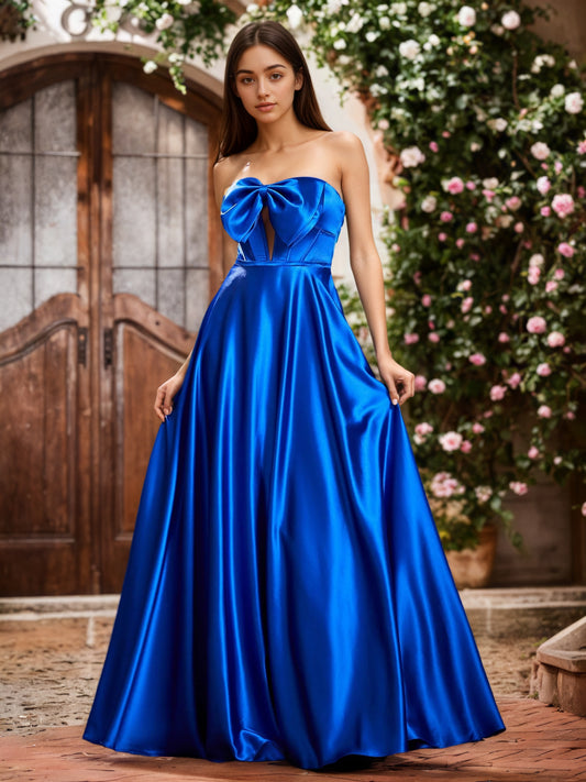 Sevoba | Elegant A-Line Bow Corset Strapless Floor-Length Prom Dresses Royal Blue