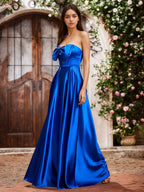 Sevoba | Elegant A-Line Bow Corset Strapless Floor-Length Prom Dresses Royal Blue