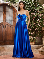 Sevoba | Elegant A-Line Bow Corset Strapless Floor-Length Prom Dresses Royal Blue