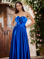 Sevoba | Elegant A-Line Bow Corset Strapless Floor-Length Prom Dresses Royal Blue