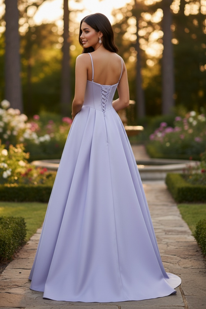 Sevoba Elegant A Line Spaghetti Straps Satin Lace Up Prom Dress