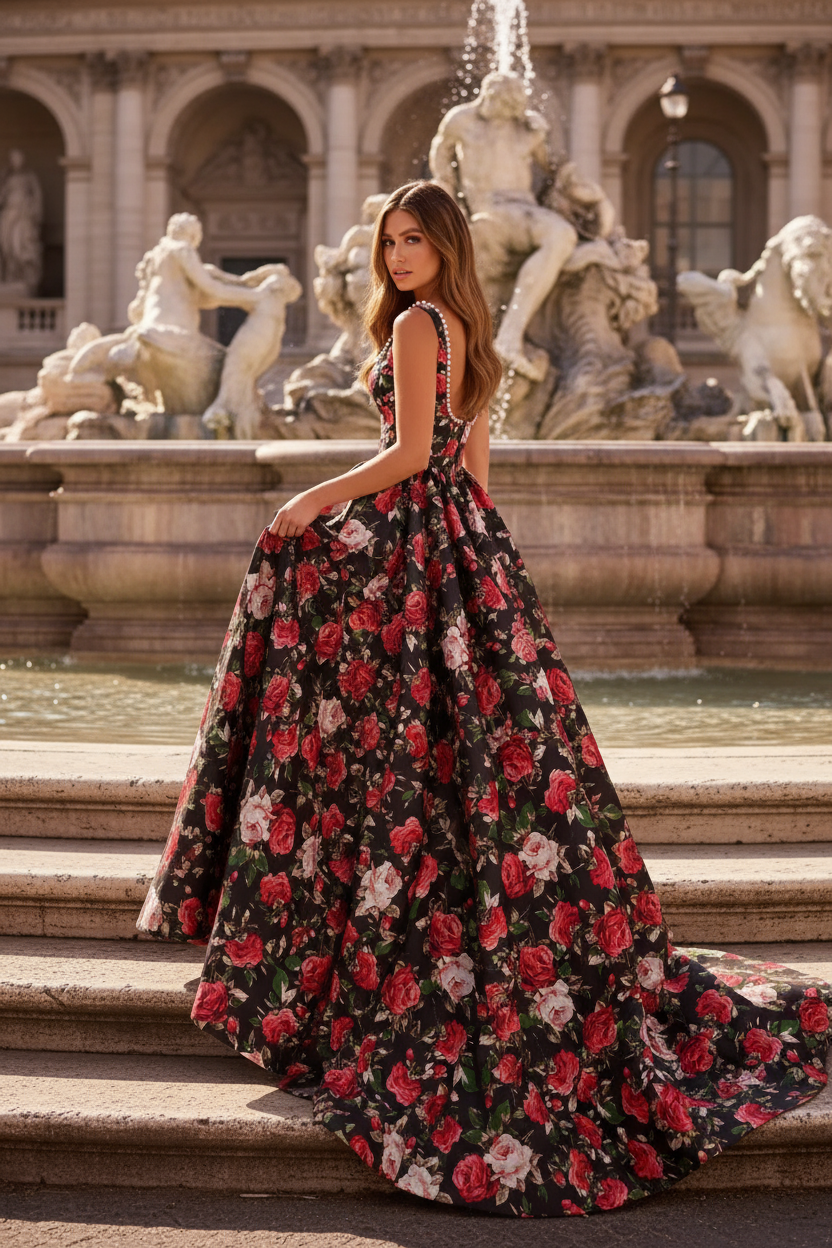 Sevoba|Elegant A Line Straps Scoop Neck Pearl Floral Printed Long Prom Dress