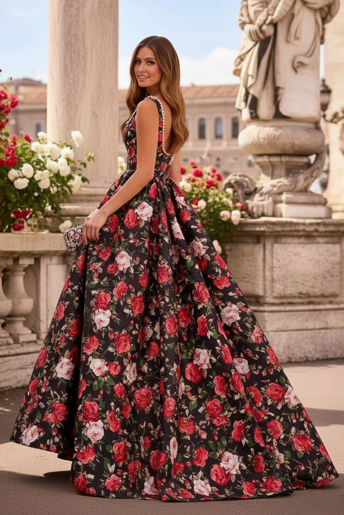 Sevoba|Elegant A Line Straps Scoop Neck Pearl Floral Printed Long Prom Dress