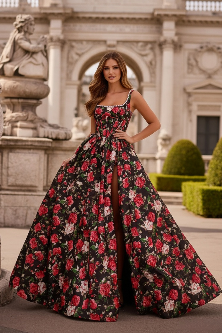 Sevoba|Elegant A Line Straps Scoop Neck Pearl Floral Printed Long Prom Dress