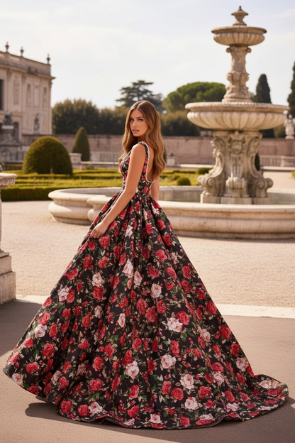 Sevoba|Elegant A Line Straps Scoop Neck Pearl Floral Printed Long Prom Dress