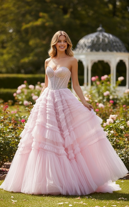 Sevoba|Exquisite A Line Strapless Ruffled Tulle Long Prom Dress With Beading