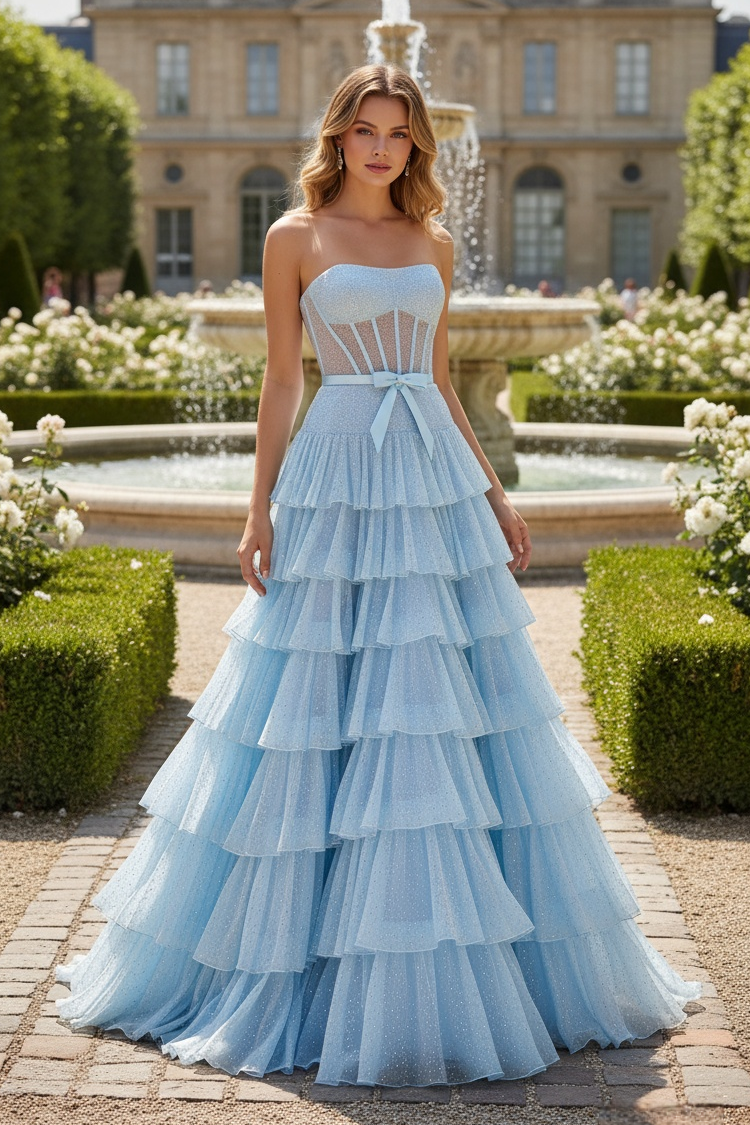 Sevoba|Fashion A Line Strapless Beaded Corset Ruffle Tiered Long Prom Dress With Bow