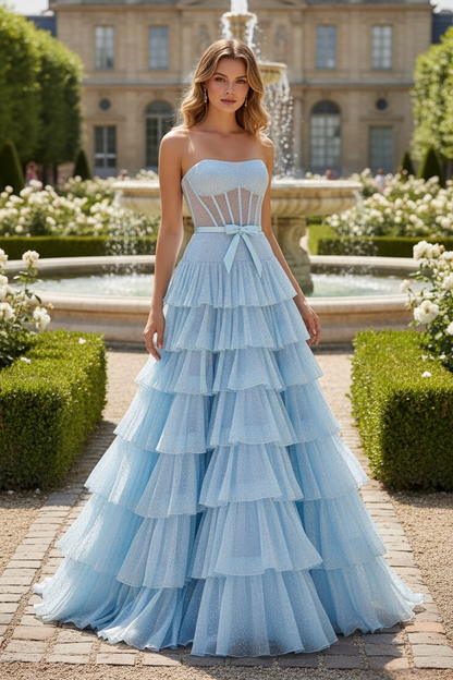 Sevoba|Fashion A Line Strapless Beaded Corset Ruffle Tiered Long Prom Dress With Bow