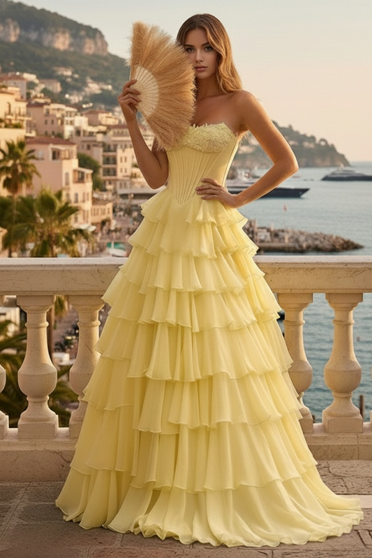 Sevoba|Fashion A Line Strapless Corset Appliques Ruffled Tiered Prom Dresses With Slit