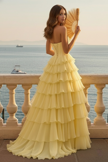 Sevoba|Fashion A Line Strapless Corset Appliques Ruffled Tiered Prom Dresses With Slit