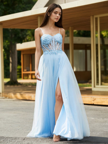 Sevoba | Flower Appliqued Corset Top Maxi Dress Sky Blue