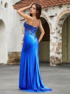 Sevoba | Flower Sequin Appliqued High Slit Maxi Dress Royal Blue