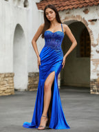 Sevoba | Flower Sequin Appliqued High Slit Maxi Dress Royal Blue