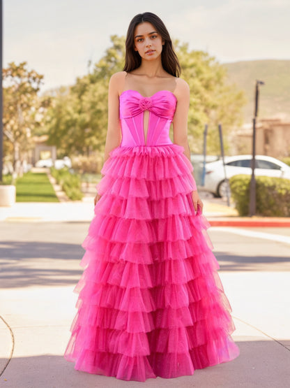 Sevoba|Fuchsia A-Line Sweetheart Keyhole Tiered Tulle Long Prom Dresses