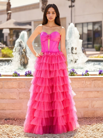 Sevoba|Fuchsia A-Line Sweetheart Keyhole Tiered Tulle Long Prom Dresses