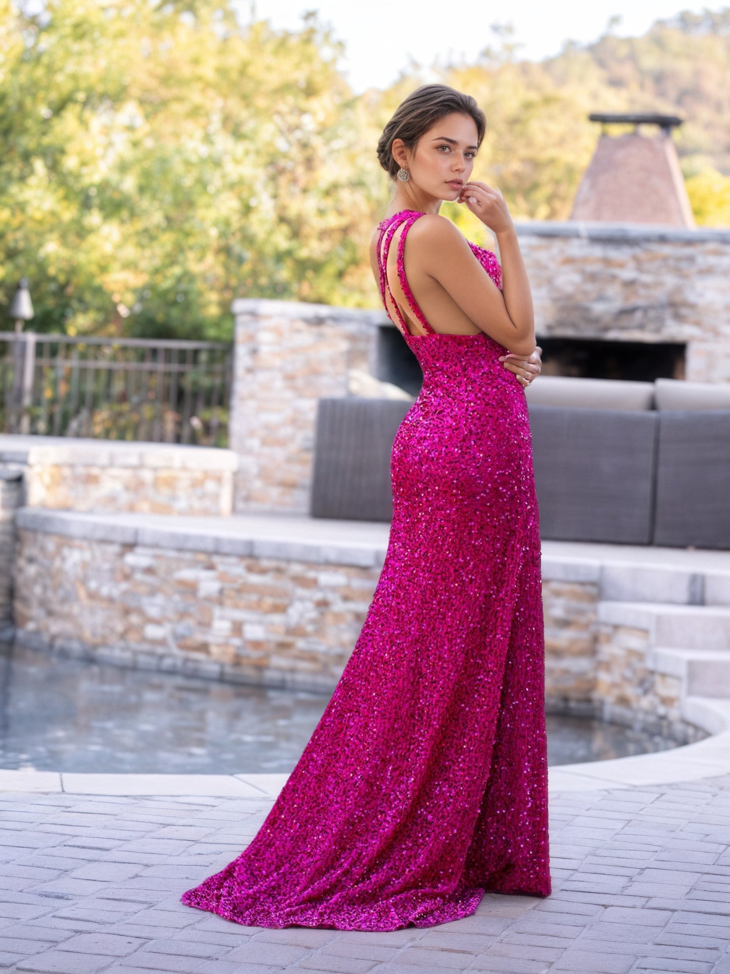 Sevoba|Sevoba|Fuchsia Mermaid One Shoulder Sequin Long Prom Dress with Slit