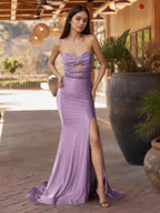 Sevoba | Glitter Mermaid Yellow Sweetheart Cut-out Long Prom Dress with Beading