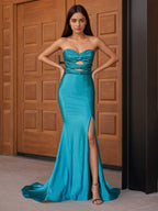 Sevoba | Glitter Mermaid Yellow Sweetheart Cut-out Long Prom Dress with Beading