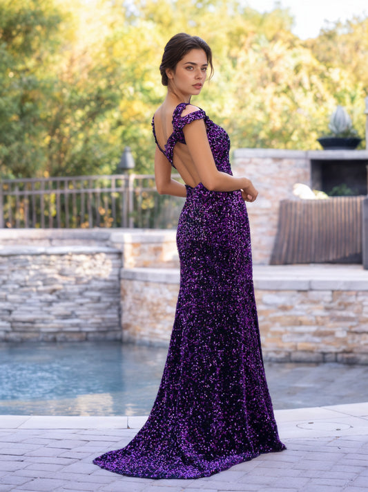 Sevoba|Grape Mermaid One-Shoulder Sequin Long Prom Dress with Slit