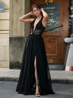 Sevoba | Halter Appliqued Corset High Slit Maxi Dress Black