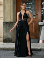 Sevoba | Halter Appliqued Corset High Slit Maxi Dress Black