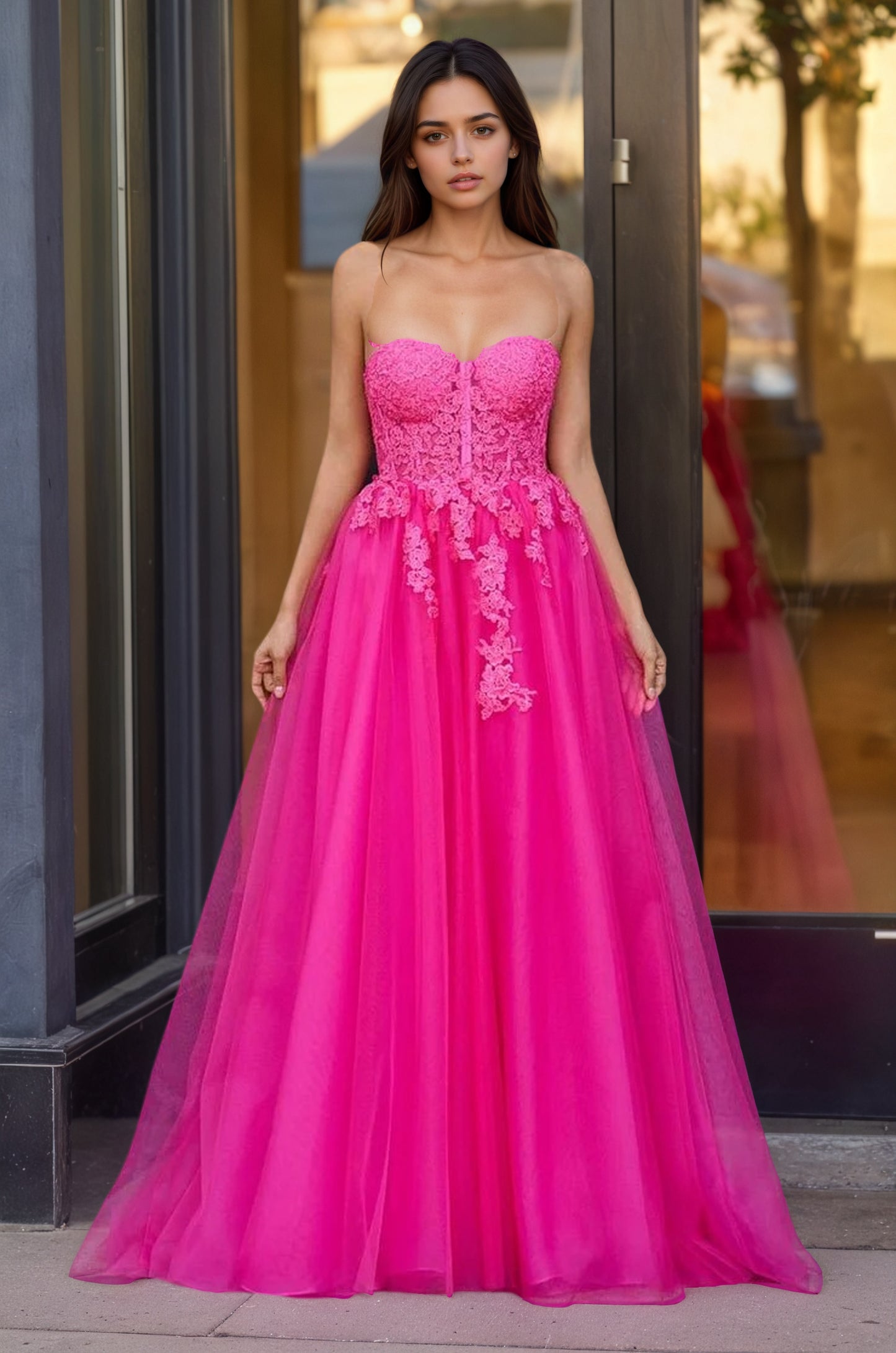Amora |A-Line Hot Pink Tulle Lace StraplessLong Prom Dress