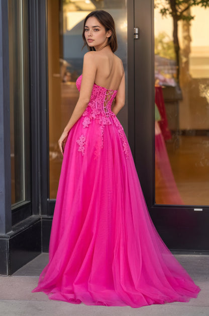 Sevoba|Hot Pink A-Line Tulle Lace Strapless Long Prom Dress