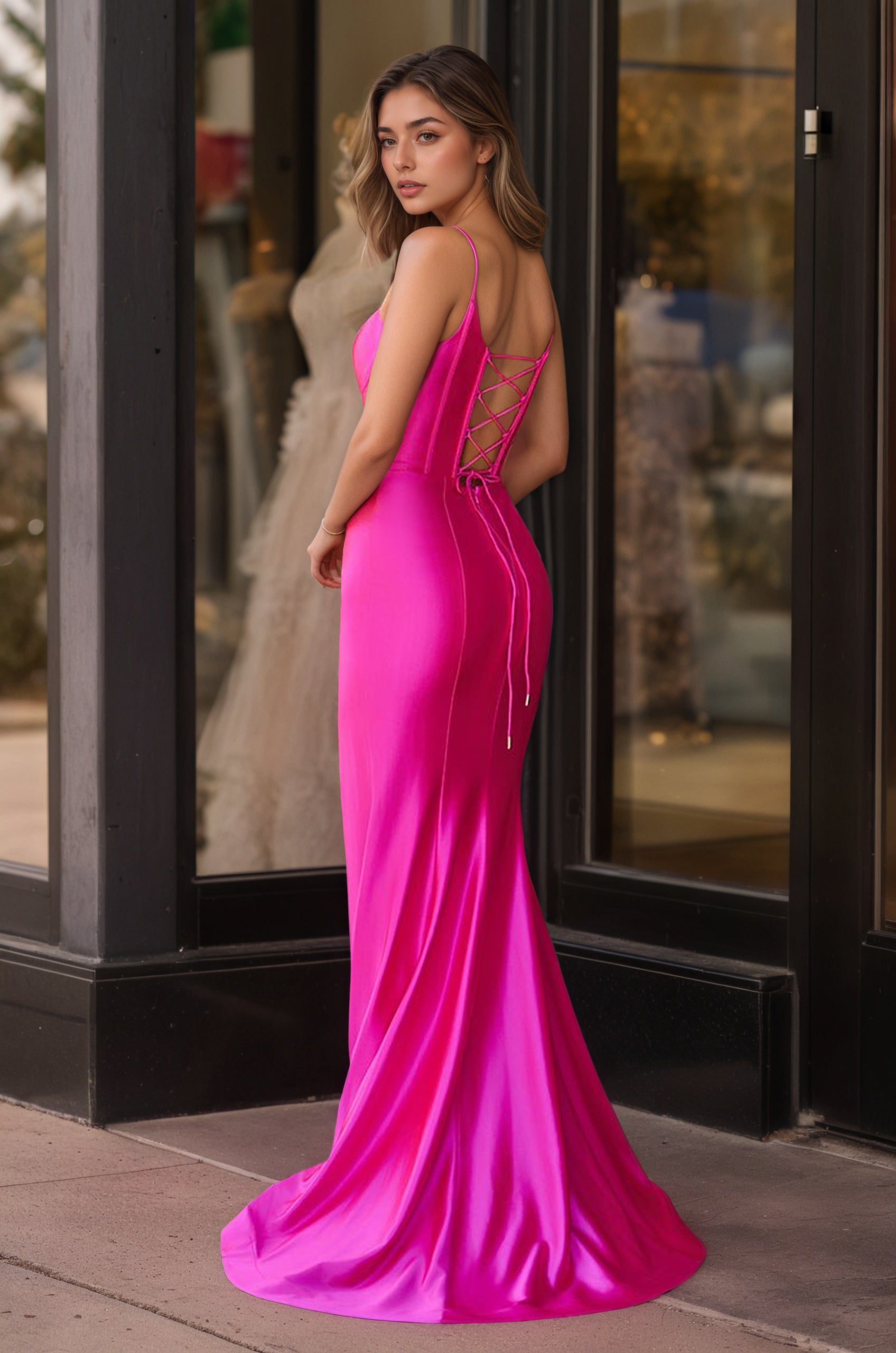 Sevoba|Hot Pink Mermaid Satin Simple Prom Dress