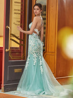 Sevoba | Illusion Lace Corset Top Mermaid Dress Teal