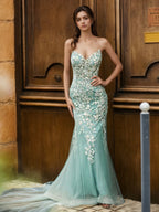 Sevoba | Illusion Lace Corset Top Mermaid Dress Teal