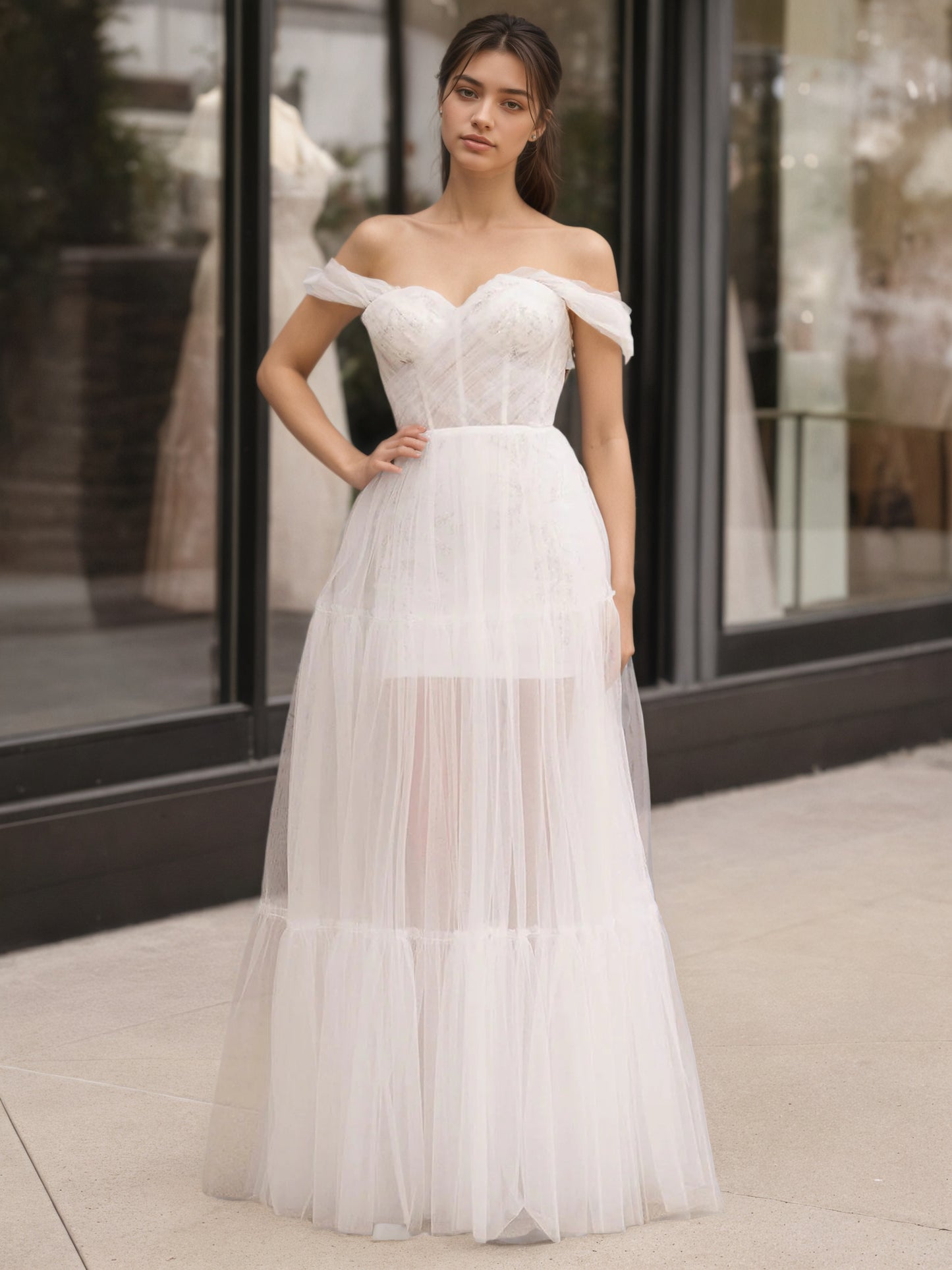 Sevoba | Ivory Off The Shoulder A-Line Floor Length Tulle Prom Dress