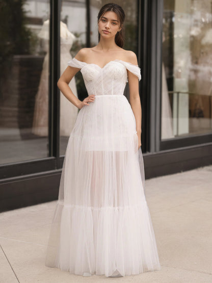Sevoba | Ivory Off The Shoulder A-Line Floor Length Tulle Prom Dress