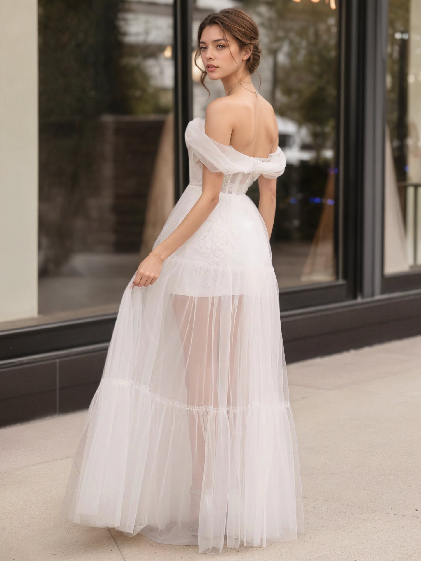 Sevoba | Ivory Off The Shoulder A-Line Floor Length Tulle Prom Dress