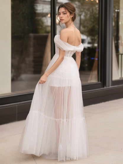 Sevoba | Ivory Off The Shoulder A-Line Floor Length Tulle Prom Dress