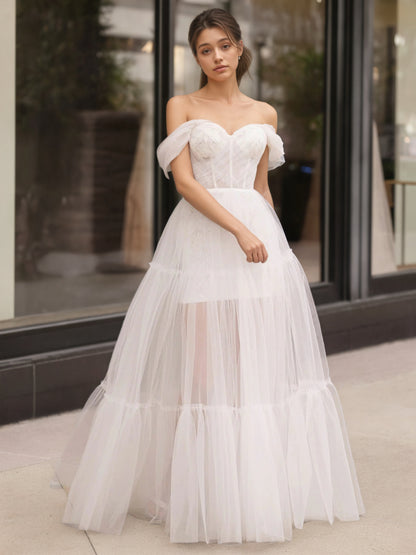 Sevoba | Ivory Off The Shoulder A-Line Floor Length Tulle Prom Dress