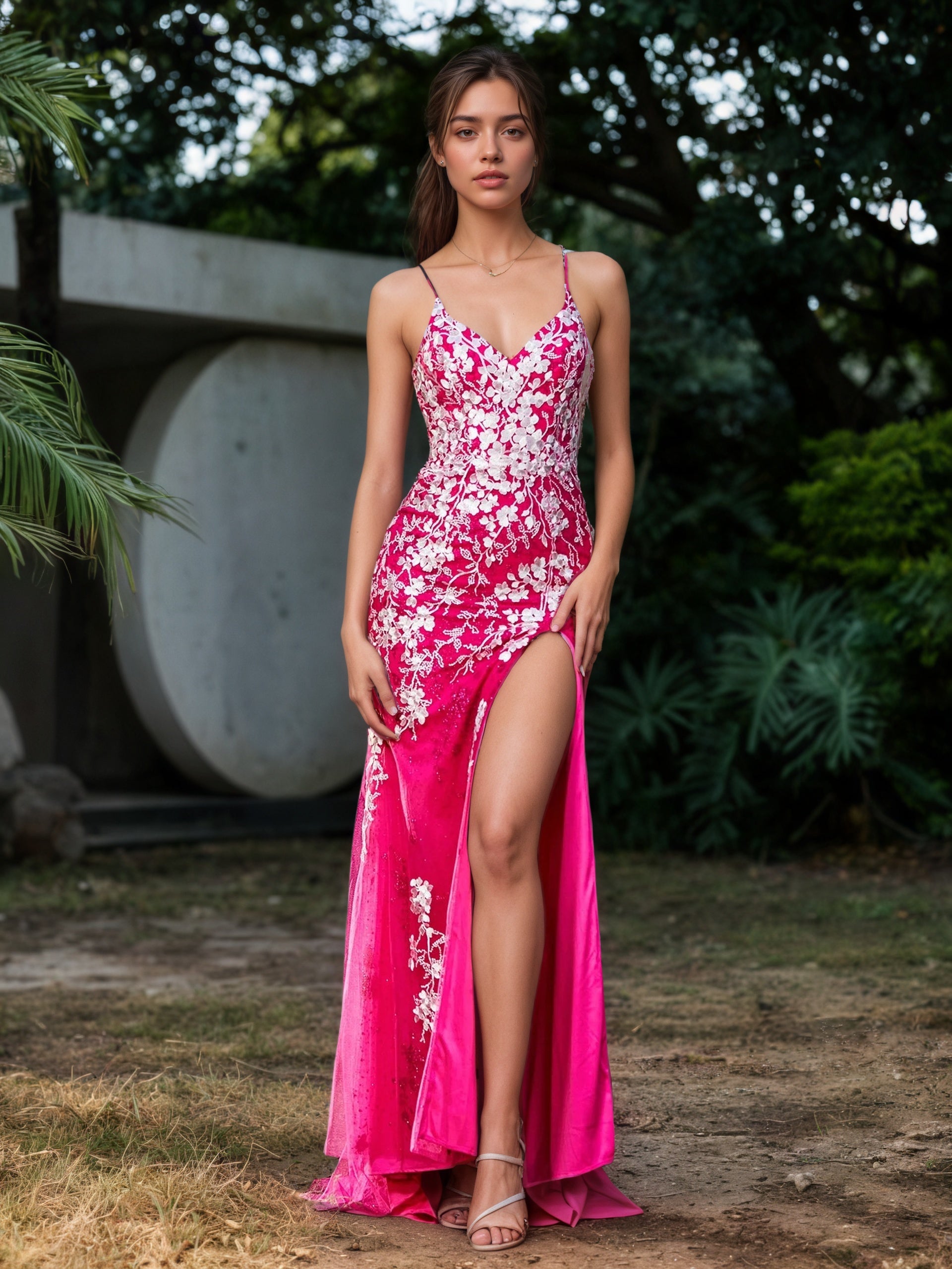 Sevoba | Lace Applique High Slit Fitted Tulle Dress Fuchsia