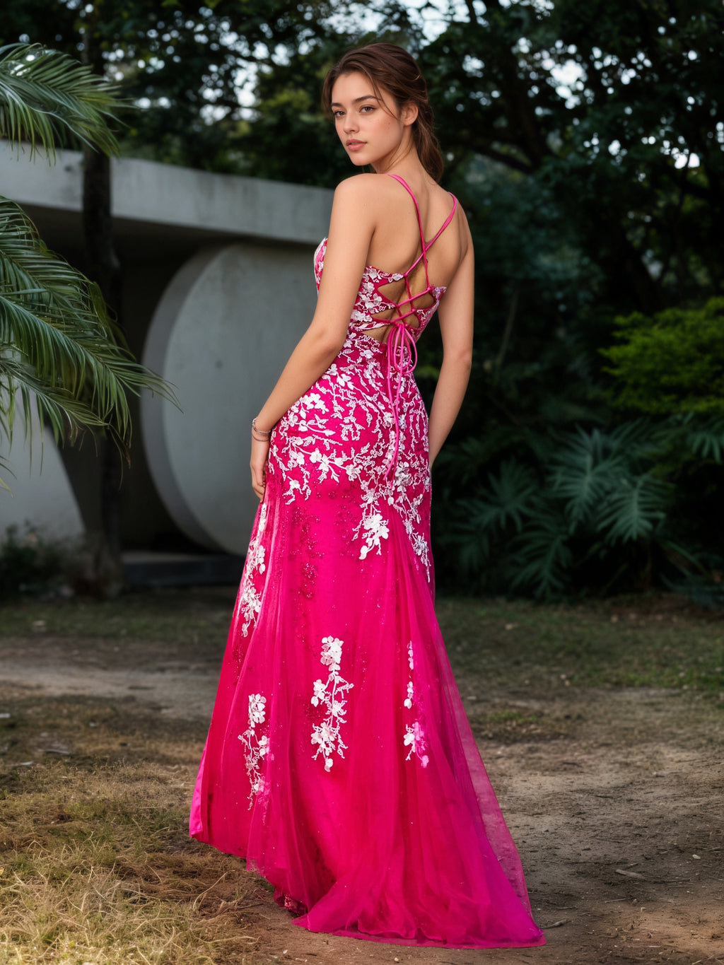 Sevoba | Lace Applique High Slit Fitted Tulle Dress Fuchsia