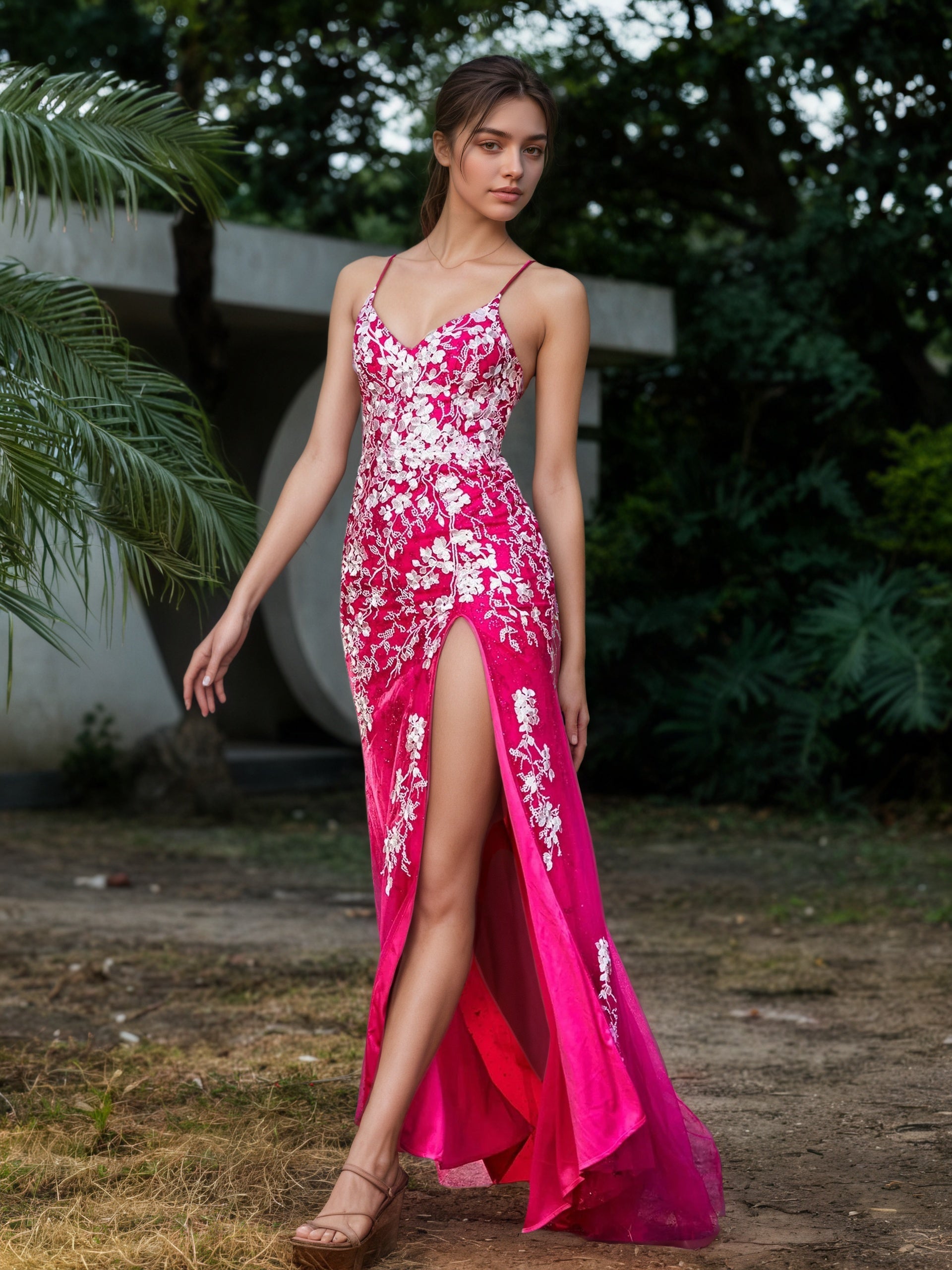 Sevoba | Lace Applique High Slit Fitted Tulle Dress Fuchsia