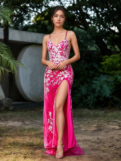 Sevoba | Lace Applique High Slit Fitted Tulle Dress Fuchsia