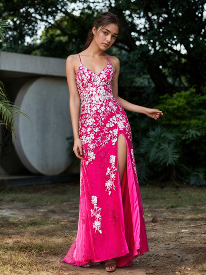 Sevoba | Lace Applique High Slit Fitted Tulle Dress Fuchsia