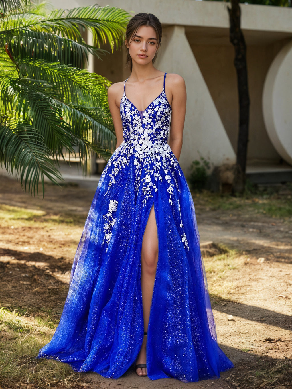 Sevoba | Lace Applique High Slit Tulle Dress Royal Blue