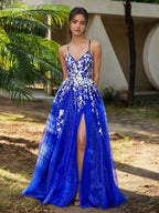 Sevoba | Lace Applique High Slit Tulle Dress Royal Blue