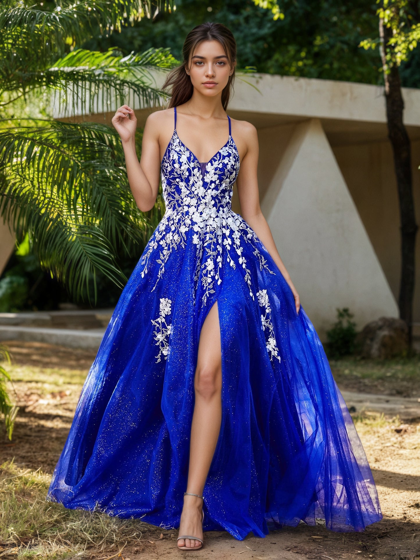 Sevoba | Lace Applique High Slit Tulle Dress Royal Blue